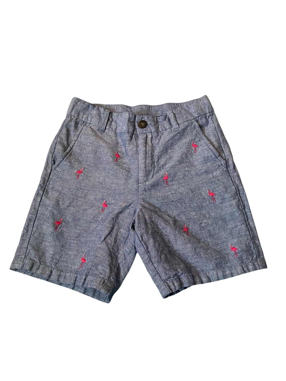 Janie And Jack Boys Chambray Embroidered Flamingos Shorts - Blue